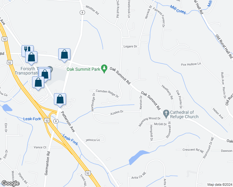 map of restaurants, bars, coffee shops, grocery stores, and more near 489 Camden Ridge Drive in Winston-Salem