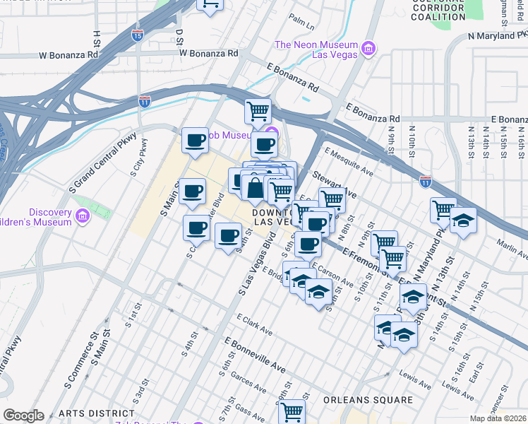 map of restaurants, bars, coffee shops, grocery stores, and more near 495 East Fremont Street in Las Vegas