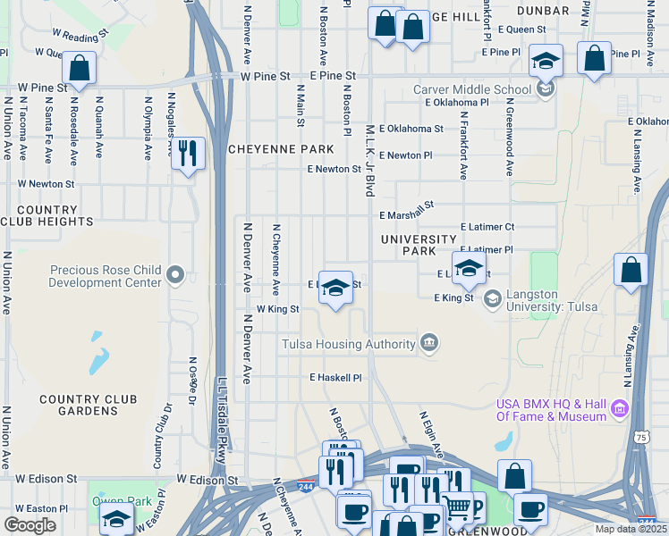 map of restaurants, bars, coffee shops, grocery stores, and more near 112 East Latimer Place in Tulsa