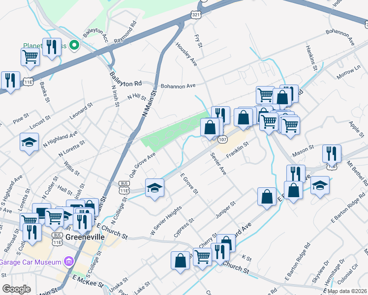 map of restaurants, bars, coffee shops, grocery stores, and more near 108 Spruce Street in Greeneville