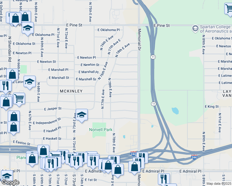 map of restaurants, bars, coffee shops, grocery stores, and more near 7817 East King Place in Tulsa