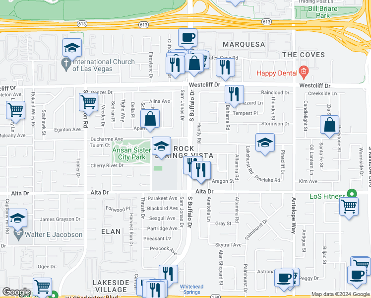 map of restaurants, bars, coffee shops, grocery stores, and more near 328 South Buffalo Drive in Las Vegas