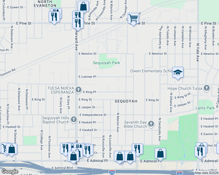 map of restaurants, bars, coffee shops, grocery stores, and more near 1043 North Louisville Avenue in Tulsa
