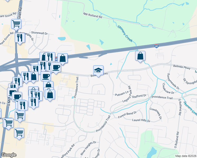 map of restaurants, bars, coffee shops, grocery stores, and more near 111 Belinda Parkway in Mt. Juliet