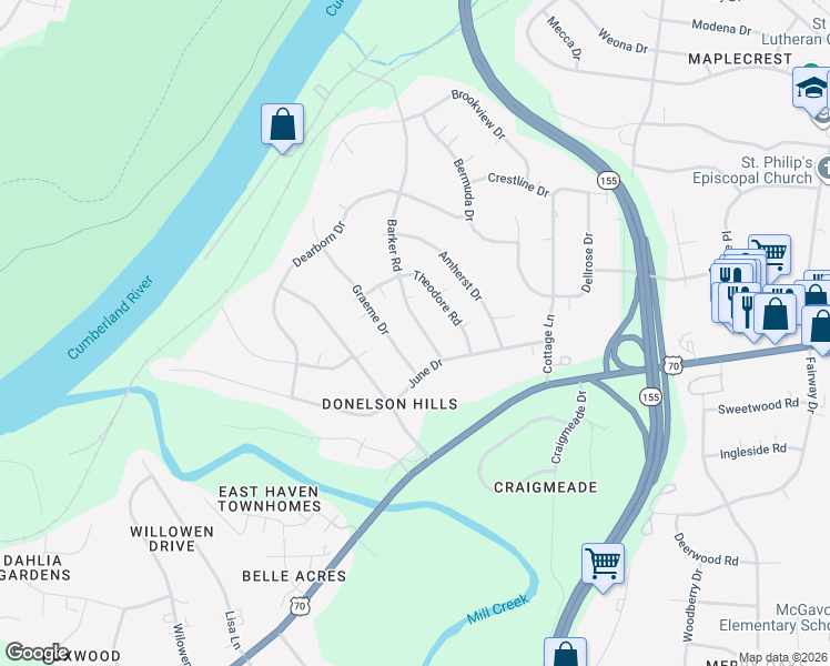 map of restaurants, bars, coffee shops, grocery stores, and more near 249 Barker Road in Nashville