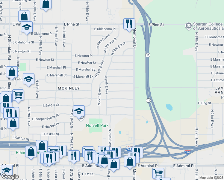 map of restaurants, bars, coffee shops, grocery stores, and more near 7817 East King Place in Tulsa
