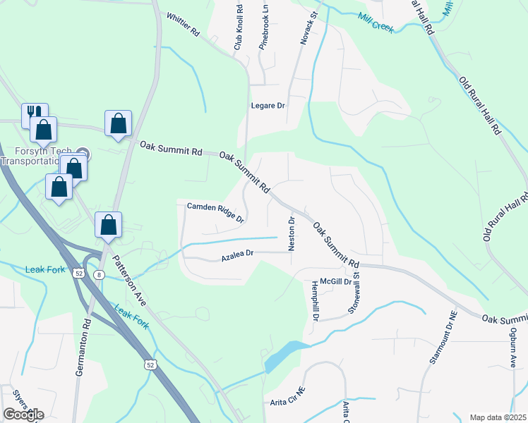 map of restaurants, bars, coffee shops, grocery stores, and more near 106 Huckabee Circle in Winston-Salem