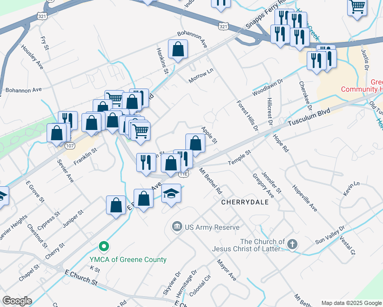 map of restaurants, bars, coffee shops, grocery stores, and more near 155 Mason St in Greeneville