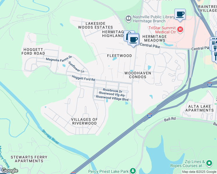 map of restaurants, bars, coffee shops, grocery stores, and more near 1251 Riverbrook Drive in Nashville