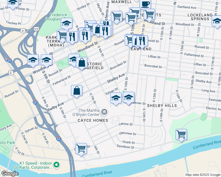 map of restaurants, bars, coffee shops, grocery stores, and more near 801 Sylvan Street in Nashville