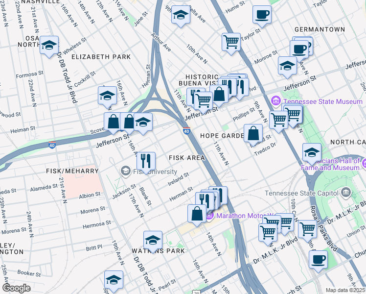 map of restaurants, bars, coffee shops, grocery stores, and more near 1213 Phillips Street in Nashville