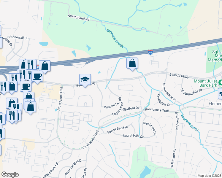 map of restaurants, bars, coffee shops, grocery stores, and more near 970 Legacy Park Road in Mt. Juliet