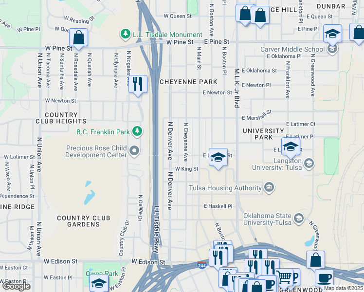 map of restaurants, bars, coffee shops, grocery stores, and more near 1118 N Cheyenne Ave in Tulsa