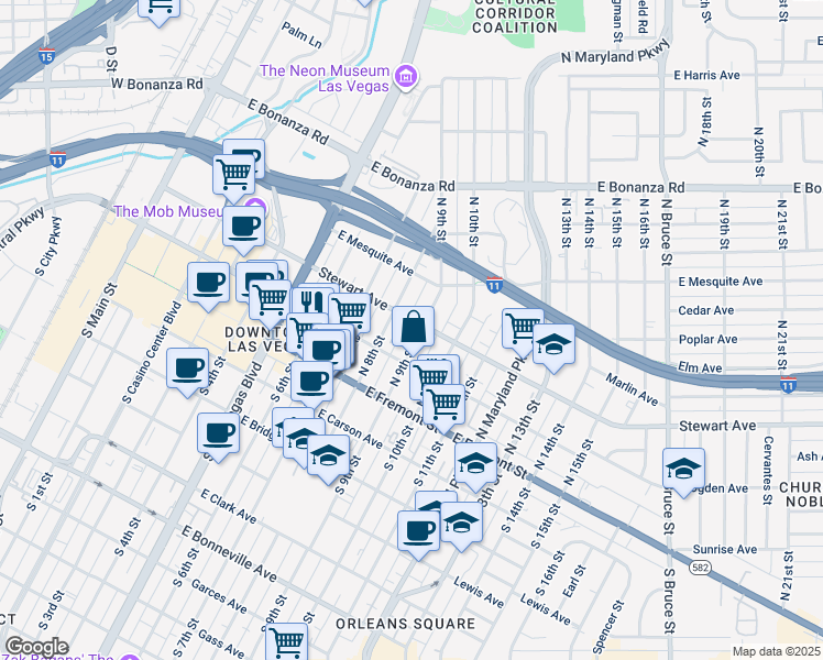 map of restaurants, bars, coffee shops, grocery stores, and more near 223 North 9th Street in Las Vegas