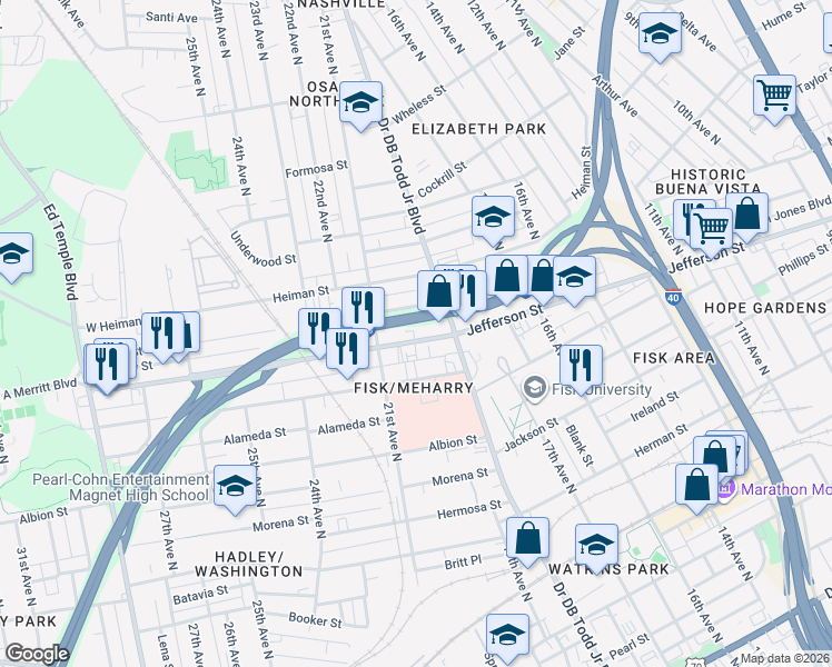 map of restaurants, bars, coffee shops, grocery stores, and more near 1816 Jefferson Street in Nashville