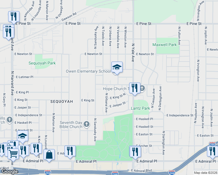 map of restaurants, bars, coffee shops, grocery stores, and more near 1038 North Urbana Avenue in Tulsa