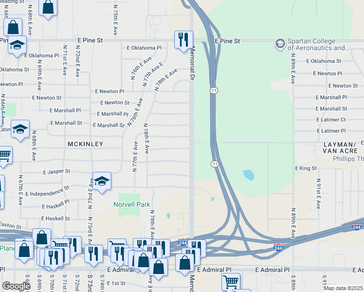 map of restaurants, bars, coffee shops, grocery stores, and more near 7871 East King Place in Tulsa