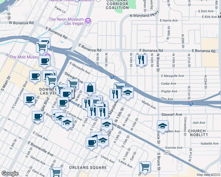 map of restaurants, bars, coffee shops, grocery stores, and more near 323 North 11th Street in Las Vegas