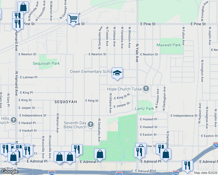 map of restaurants, bars, coffee shops, grocery stores, and more near 1038 North Urbana Avenue in Tulsa