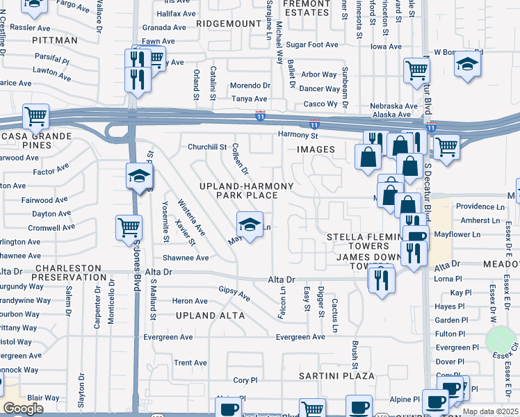 map of restaurants, bars, coffee shops, grocery stores, and more near 337 Pershing Drive in Las Vegas