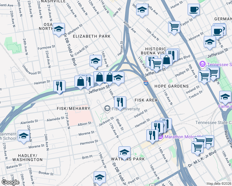 map of restaurants, bars, coffee shops, grocery stores, and more near 1502 Meharry Boulevard in Nashville