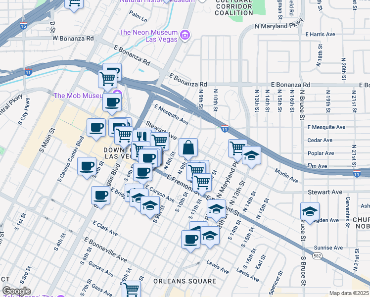 map of restaurants, bars, coffee shops, grocery stores, and more near 223 North 9th Street in Las Vegas