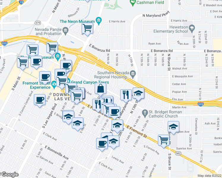 map of restaurants, bars, coffee shops, grocery stores, and more near 911 1/2 Stewart Avenue in Las Vegas