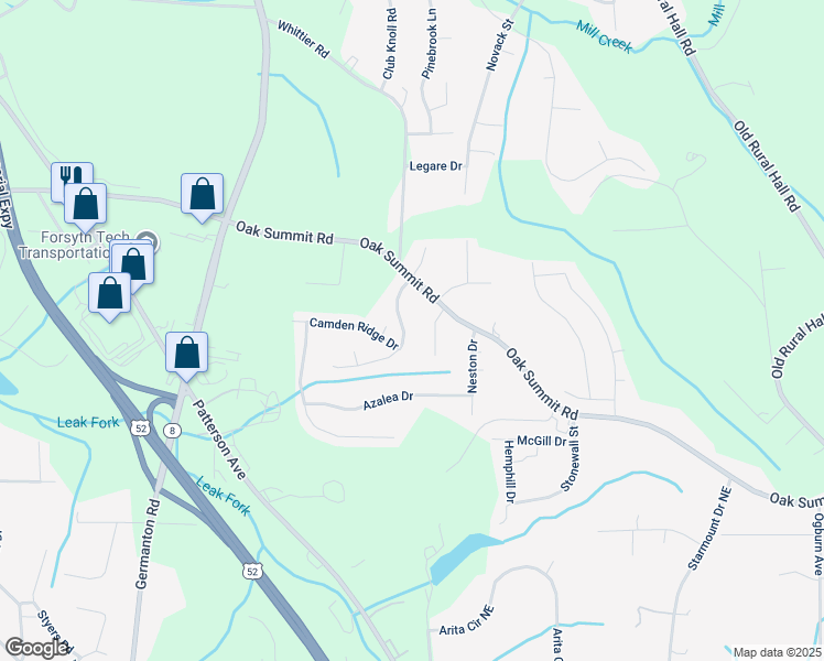 map of restaurants, bars, coffee shops, grocery stores, and more near 106 Huckabee Circle in Winston-Salem