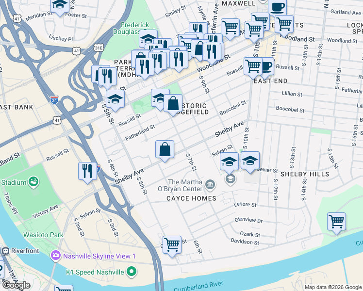 map of restaurants, bars, coffee shops, grocery stores, and more near in Nashville