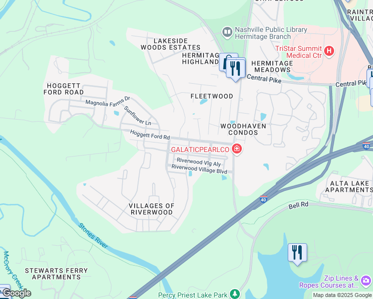map of restaurants, bars, coffee shops, grocery stores, and more near 1251 Riverbrook Drive in Nashville