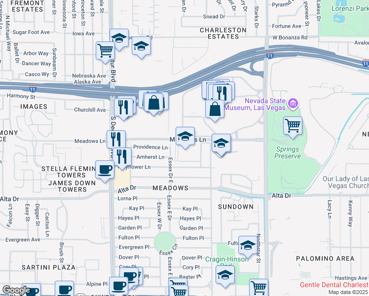 map of restaurants, bars, coffee shops, grocery stores, and more near 324 Essex East Drive in Las Vegas
