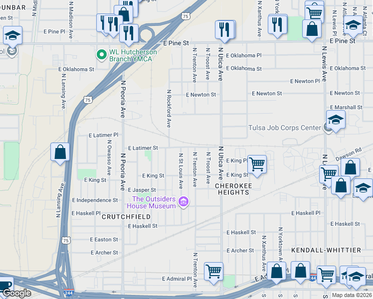 map of restaurants, bars, coffee shops, grocery stores, and more near 1532 East Latimer Street in Tulsa