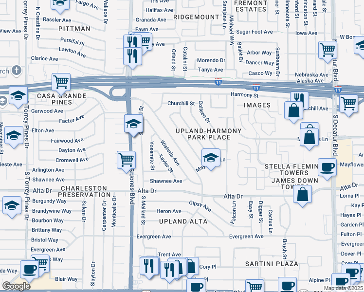 map of restaurants, bars, coffee shops, grocery stores, and more near 344 Upland Boulevard in Las Vegas