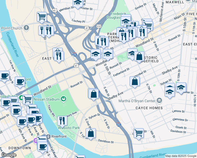 map of restaurants, bars, coffee shops, grocery stores, and more near 234 South 4th Street in Nashville