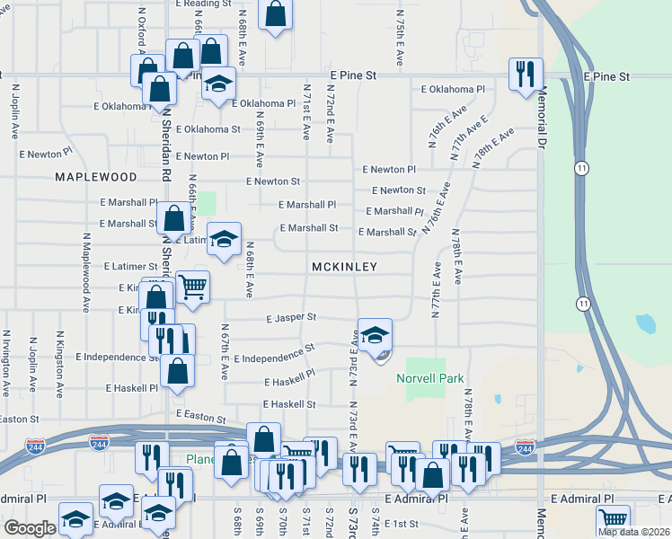 map of restaurants, bars, coffee shops, grocery stores, and more near 7131 East King Place in Tulsa