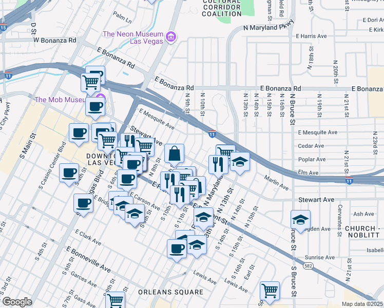 map of restaurants, bars, coffee shops, grocery stores, and more near 911 1/2 Stewart Avenue in Las Vegas