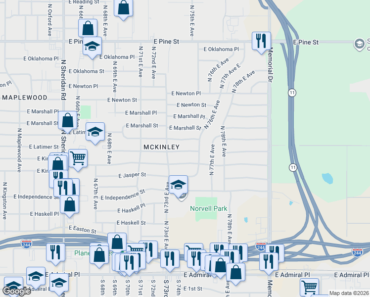 map of restaurants, bars, coffee shops, grocery stores, and more near 7349 East King Place in Tulsa