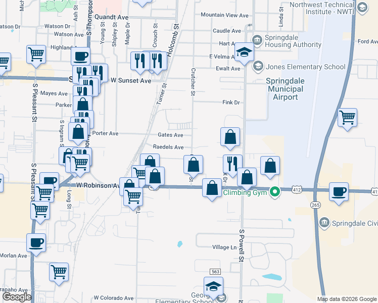map of restaurants, bars, coffee shops, grocery stores, and more near 217 Raedels Avenue in Springdale