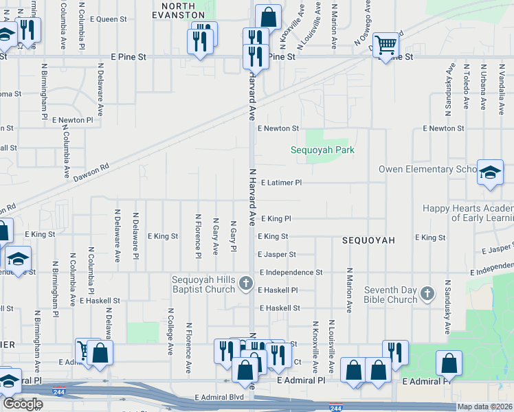map of restaurants, bars, coffee shops, grocery stores, and more near 1043 North Harvard Avenue in Tulsa