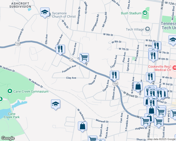 map of restaurants, bars, coffee shops, grocery stores, and more near 746 West Broad Street in Cookeville