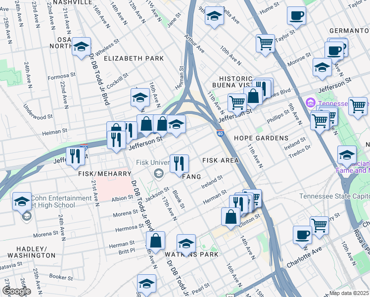 map of restaurants, bars, coffee shops, grocery stores, and more near 1405 Meharry Boulevard in Nashville
