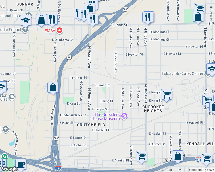 map of restaurants, bars, coffee shops, grocery stores, and more near 1051 North Quincy Avenue in Tulsa