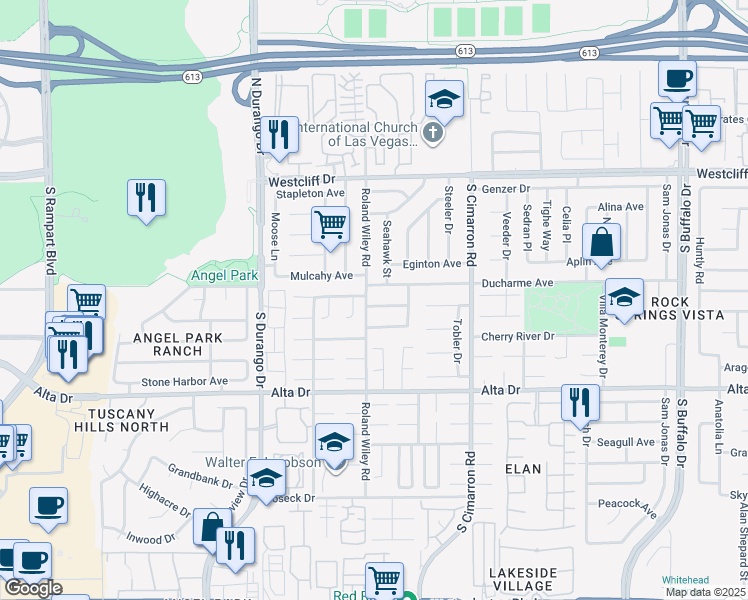 map of restaurants, bars, coffee shops, grocery stores, and more near 8240 South Roland Wiley in Las Vegas