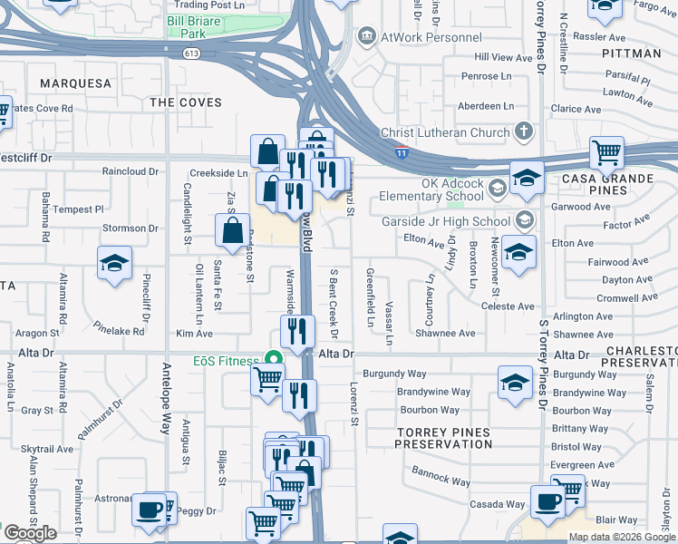map of restaurants, bars, coffee shops, grocery stores, and more near 6721 Kittery Drive in Las Vegas