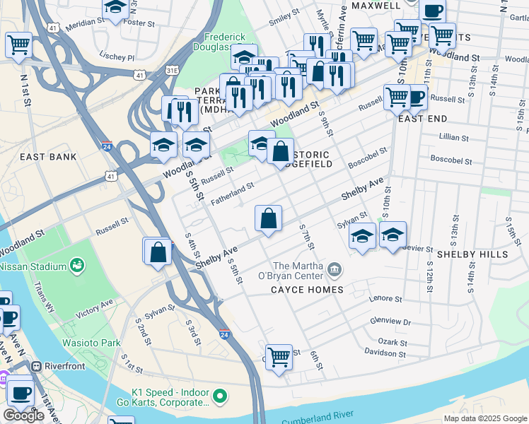 map of restaurants, bars, coffee shops, grocery stores, and more near 610 Boscobel Street in Nashville