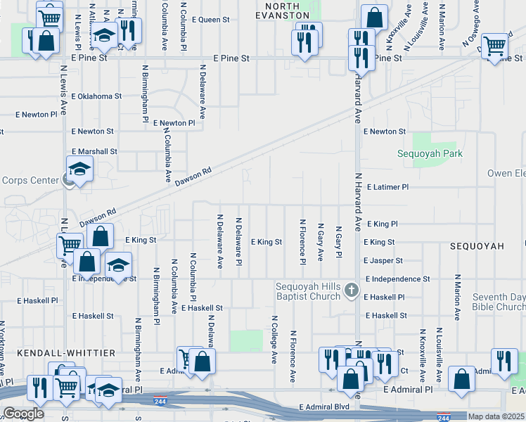 map of restaurants, bars, coffee shops, grocery stores, and more near 1046 North College Avenue in Tulsa