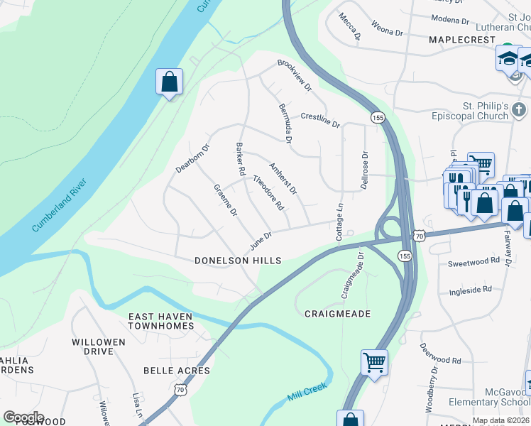 map of restaurants, bars, coffee shops, grocery stores, and more near 249 Barker Road in Nashville