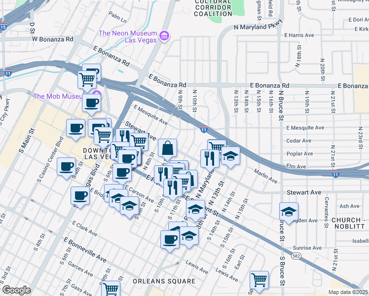 map of restaurants, bars, coffee shops, grocery stores, and more near 911 1/2 Stewart Avenue in Las Vegas