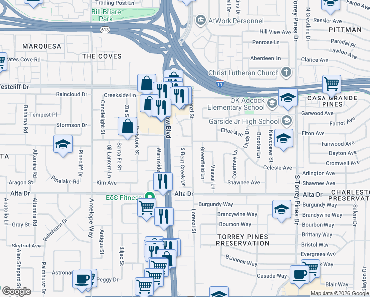 map of restaurants, bars, coffee shops, grocery stores, and more near 6721 Kittery Drive in Las Vegas
