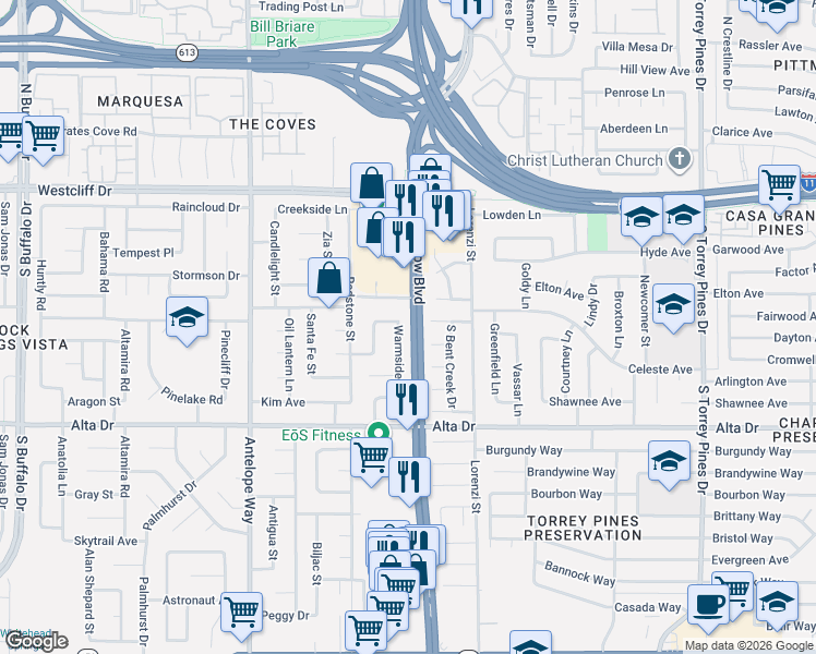map of restaurants, bars, coffee shops, grocery stores, and more near 313 Warmside Drive in Las Vegas